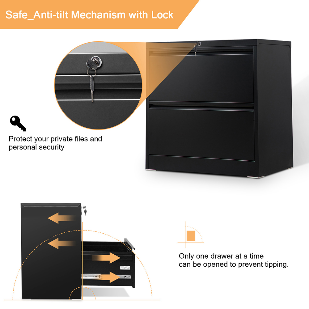 Home Office Lateral Metal Lockable File Cabinet with 2 Storage Drawers, for A4, Letter-Sized and Legal-Sized Hanging Documents - Black