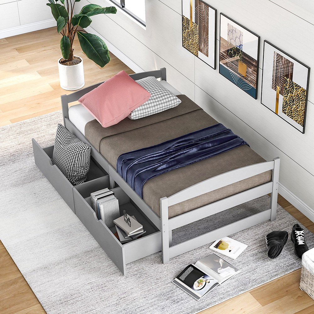 Twin Size Wooden Platform Bed Frame with 2 Storage Drawers, and Wooden Slats Support, No Spring Box Required - Gray