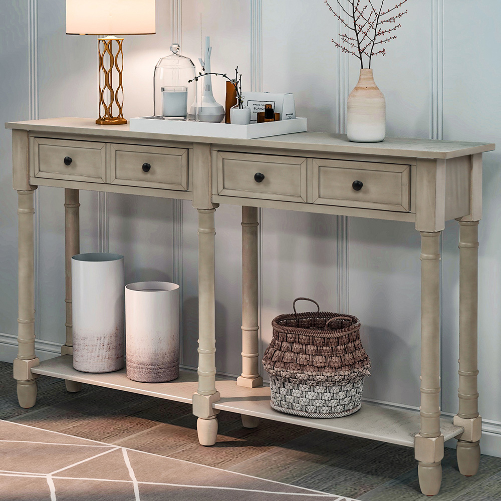 TREXM 58'' Console Table with 2 Storage Drawers, and Bottom Shelf, for Entrance, Hallway, Dining Room, Kitchen - Grey