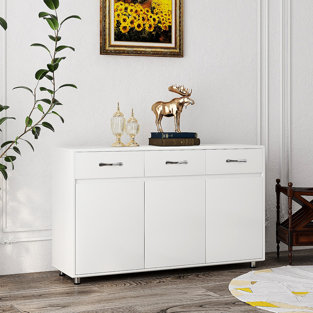MDF Waterproof Storage Cabinet Height Adjustable with 3 Drawers and 3 Doors, for Home, Office, Dining Room, Bedroom - White