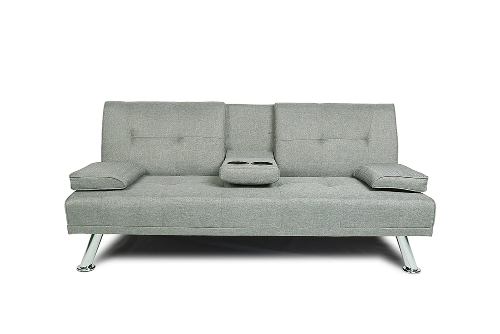 66" Twin Size Linen Fabric Sofa Bed with 2 Cup Holders and Metal Legs, for Living Room, Bedroom, Office, Apartment - Light Grey