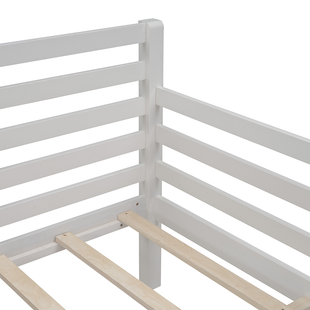 Full-Size Wooden Daybed Frame with Guardrail and Wooden Slat Support - White