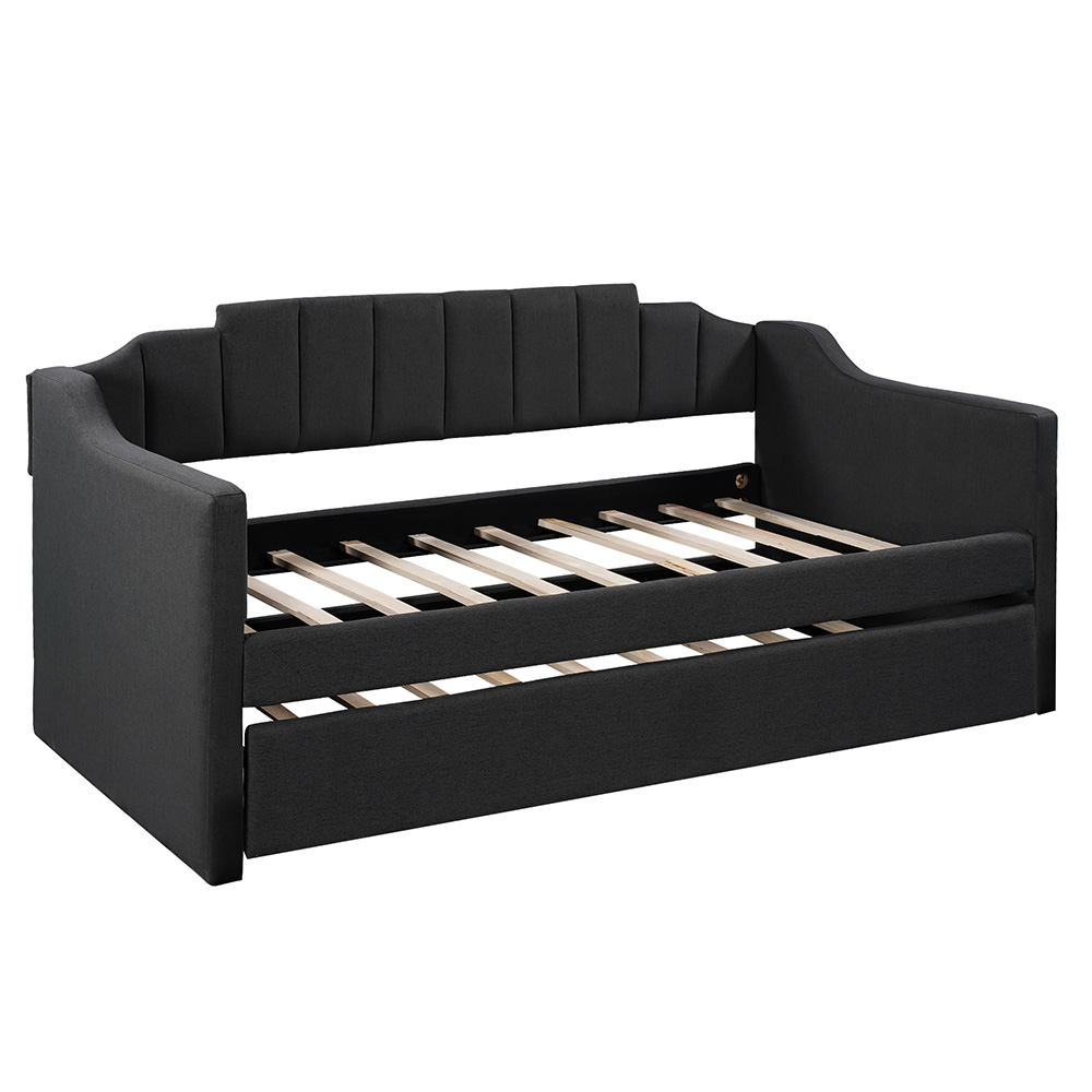 Twin Size Polyester Daybed Frame with Trundle Bed and Wooden Slats Support, No Need for Spring Box, for Living Room, Bedroom, Office, Apartment - Gray