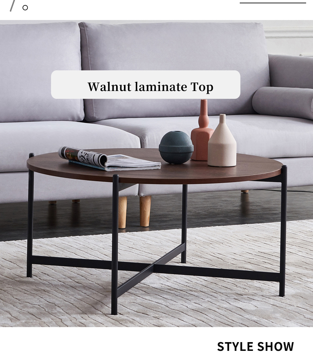 36" Modern Round Coffee Table with Walnut Tabletop and Metal Frame for Living Room, Office, Apartment, Restaurant - Black