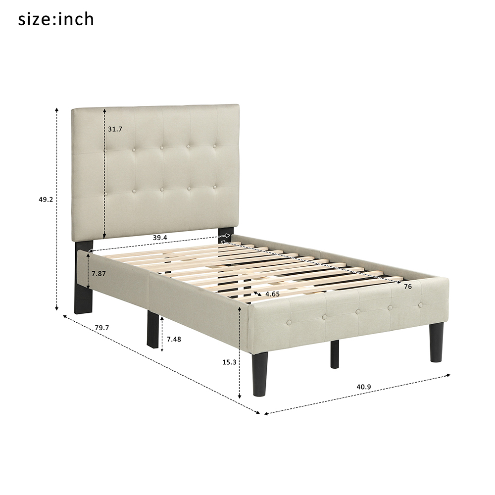 Twin Size Upholstered Platform Bed Frame with Tufted Headboard Beige