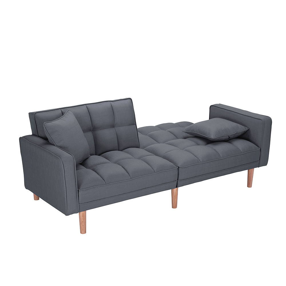 75" 2-seat Linen Upholstered Sofa Bed with 2 Pillows, Backrest, Armrests, and Solid Wood Feet, for Living Room, Bedroom, Office, Apartment - Dark Grey