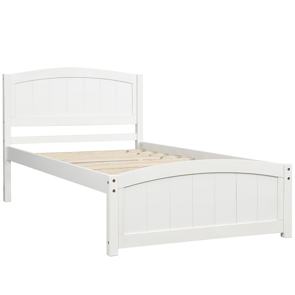 Twin-Size Wooden Platform Bed Frame with Headboard, Footboard, and Wooden Slats Support - White