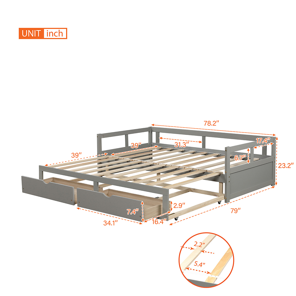 78.2" Twin Size Wooden Daybed with Trundle Bed and 2 Storage Drawers, No Need for Spring Box, for Living Room, Bedroom, Office, Apartment - Gray