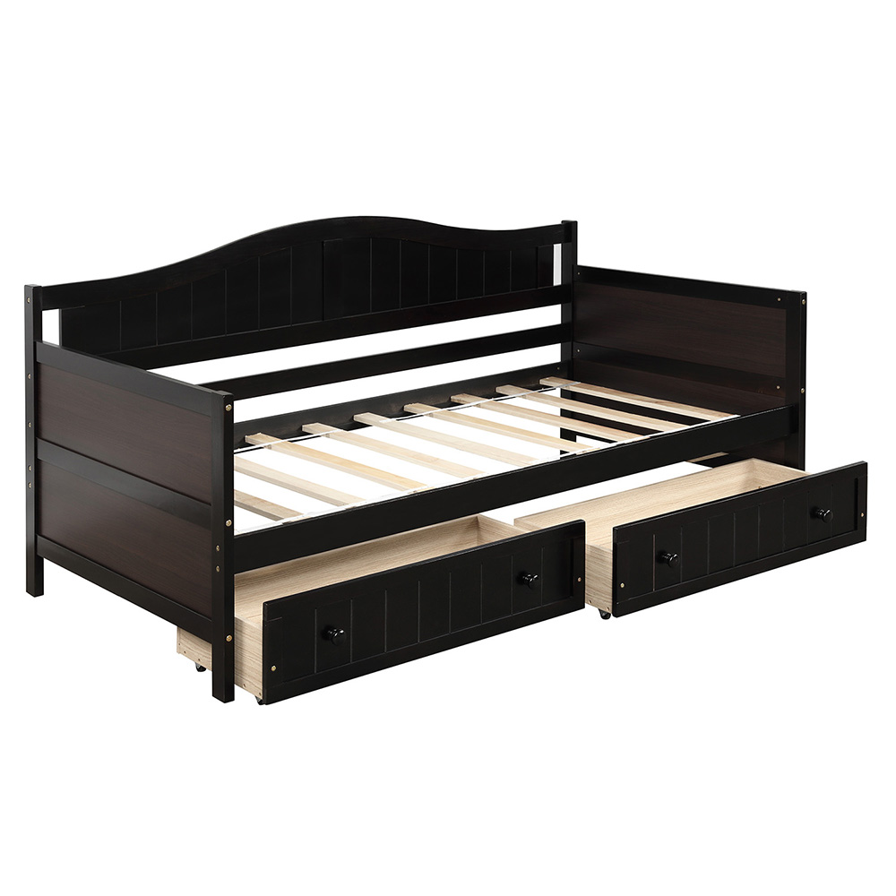 Twin-Size Wooden Platform Daybed Frame with 2 Storage Drawers and Wooden Slats Support - Espresso