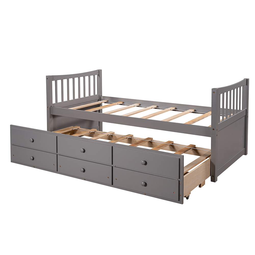 Twin Size Wooden Daybed Frame with Trundle Bed and 3 Storage Drawers, No Need for Spring Box, for Living Room, Bedroom, Office, Apartment - Gray