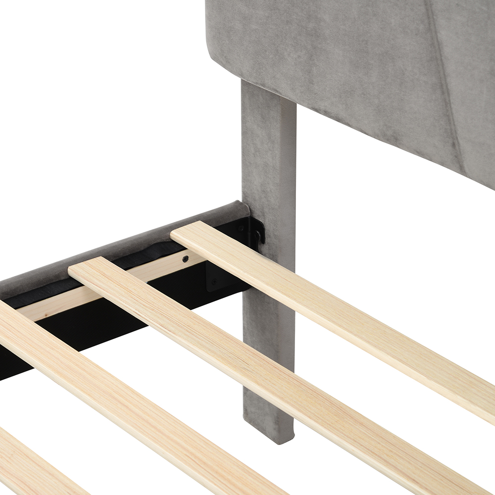 Queen-Size Velvet Upholstered Platform Bed Frame with Storage Drawer and Wooden Slat Support - Gray