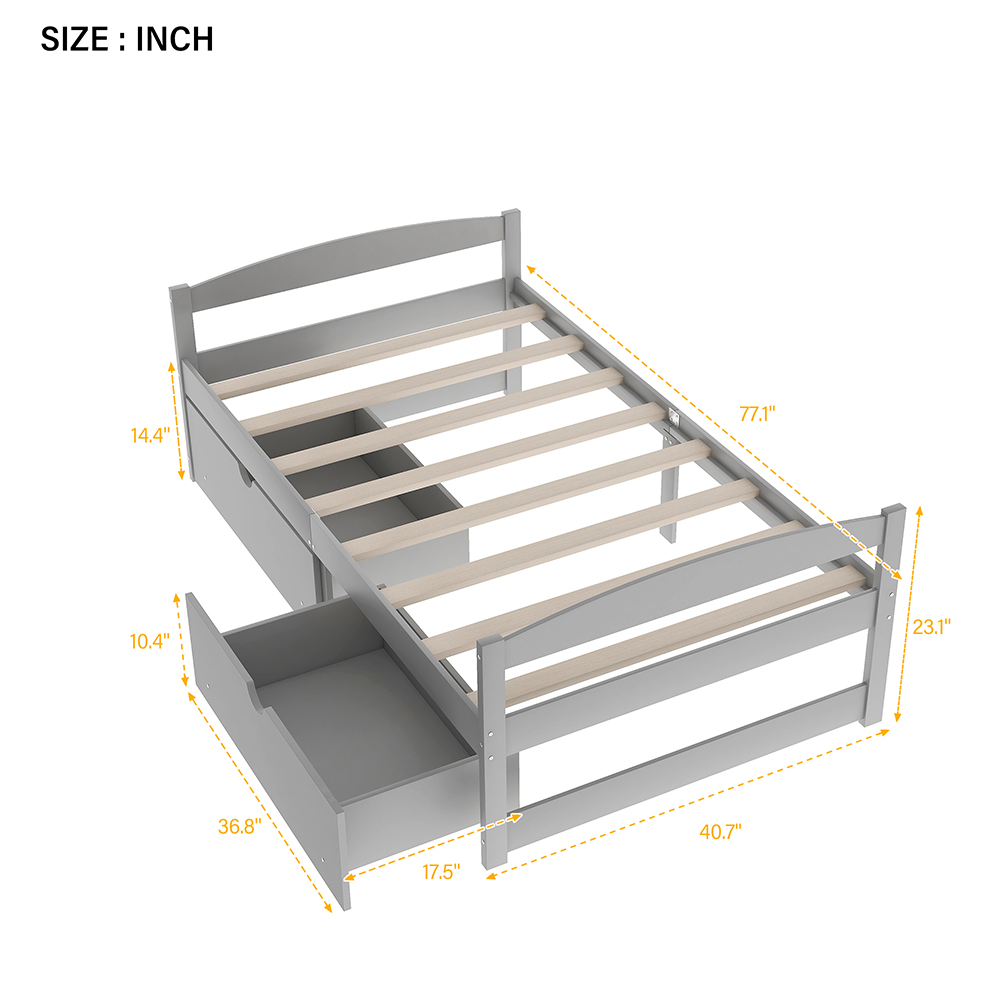 Twin Size Wooden Platform Bed Frame with 2 Storage Drawers, and Wooden Slats Support, No Spring Box Required - Gray