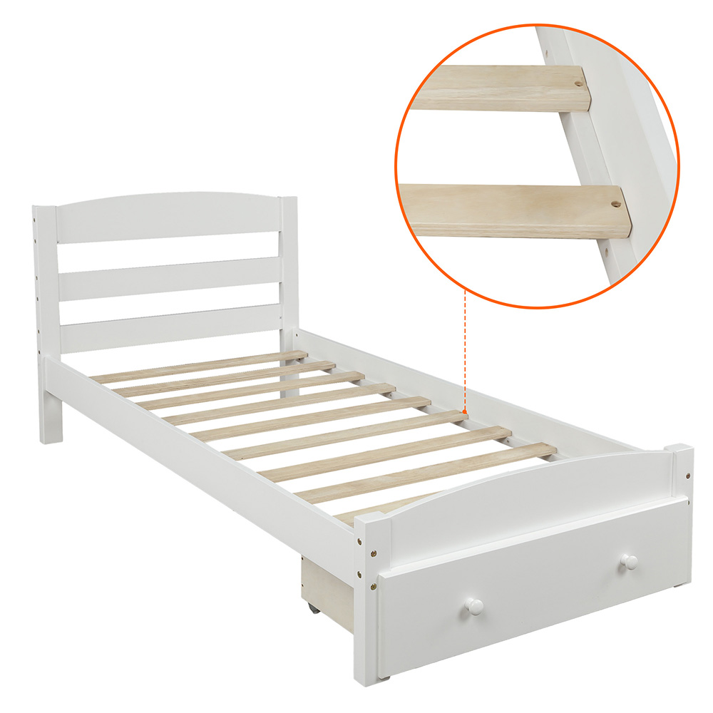 Twin Size Wooden Platform Bed Frame with Storage Drawer, and Wooden Slats Support, No Spring Box Required (Frame Only) - White