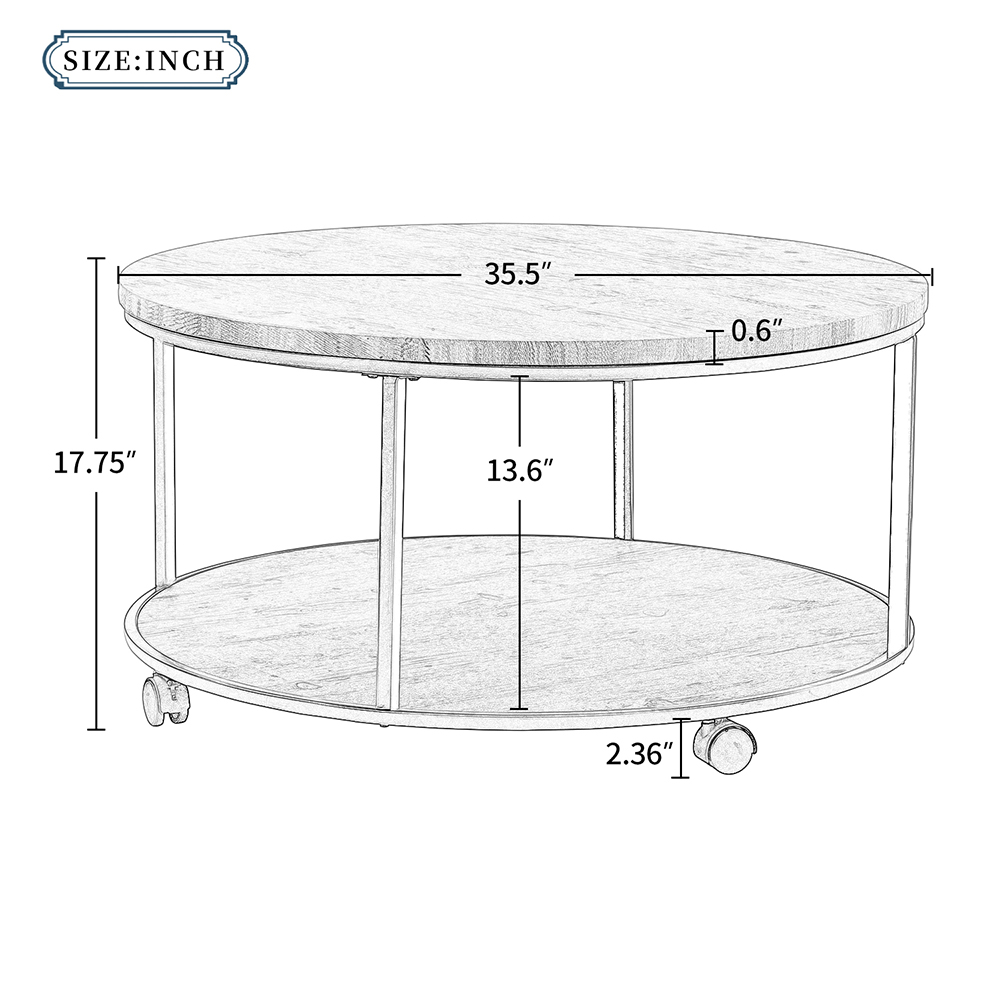 TREXM 35.5" 2-Layer Round Coffee Table with Caster Wheels and Wood Textured Surface, for Kitchen, Restaurant, Office, Living Room, Cafe - Light Brown