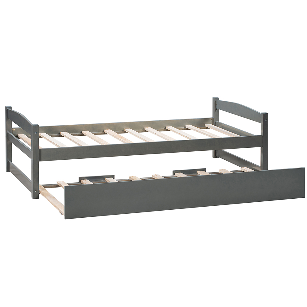 Twin-Size Wooden Platform Bed Frame with Trundle Bed, Suitable for Small Space Apartment, Room - Gray