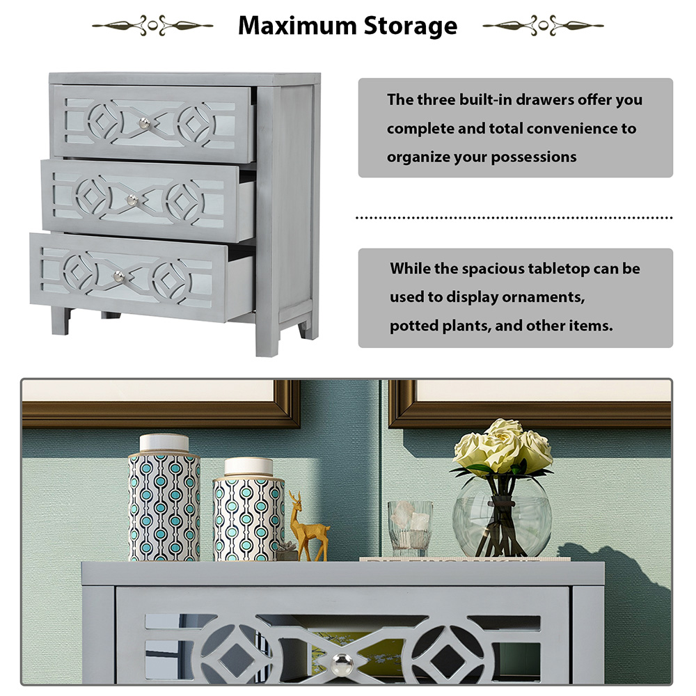 TREXM 26" Wooden Storage Cabinet with 3 Drawers and Decorative Mirror, for Entrance, Hallway, Dining Room, Kitchen - Silver
