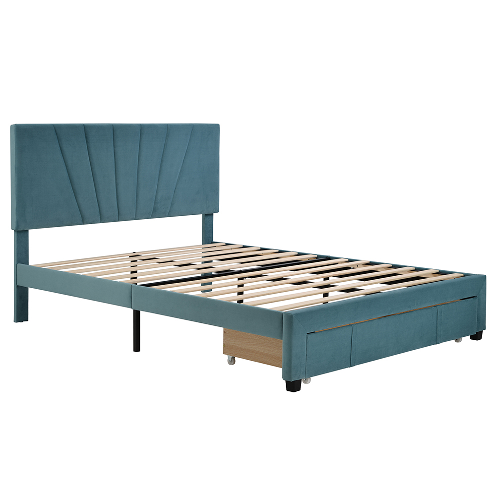 QueenSize Velvet Bed Frame with Storage Drawer Blue United States