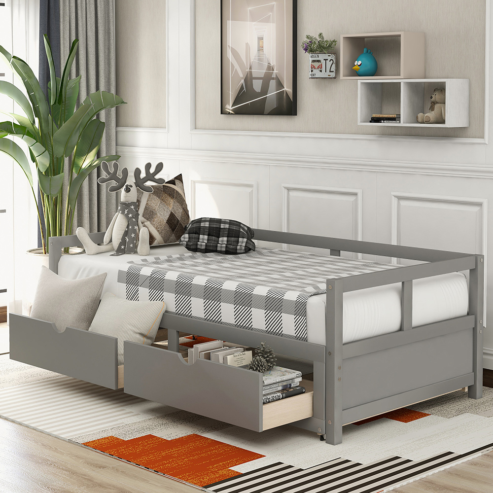 78.2" Twin Size Wooden Daybed with Trundle Bed and 2 Storage Drawers, No Need for Spring Box, for Living Room, Bedroom, Office, Apartment - Gray