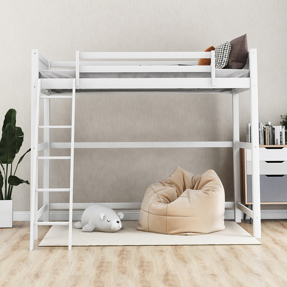 Twin-Size Wooden Loft Bed Frame with Ladder and Wooden Slats Support, Space-saving Design - White