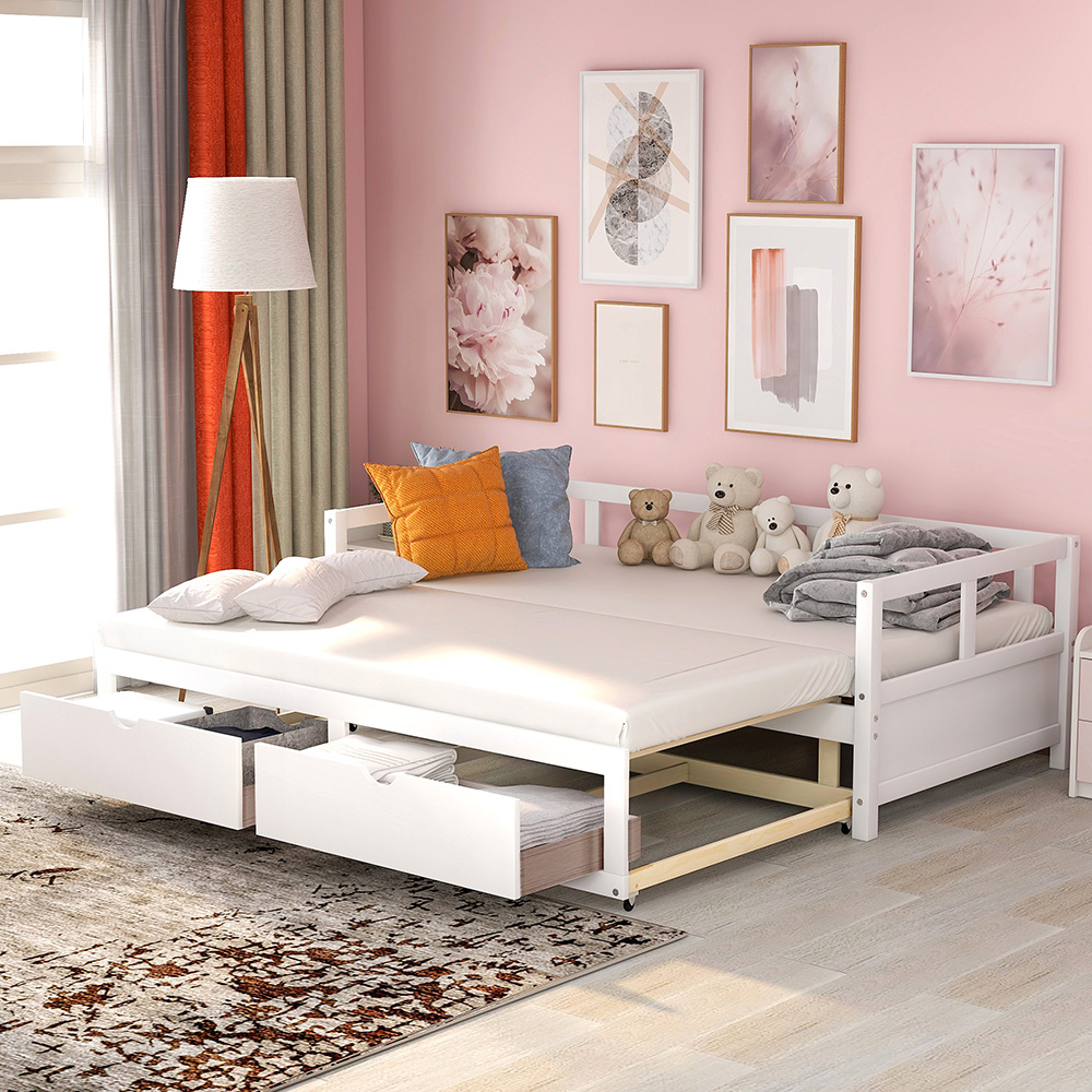78.2" Twin Size Wooden Daybed with Trundle Bed and 2 Storage Drawers, No Need for Spring Box, for Living Room, Bedroom, Office, Apartment - White