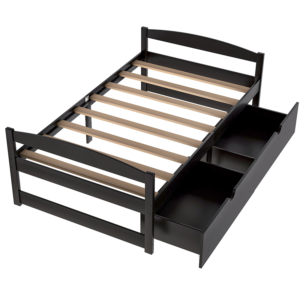 Twin Size Wooden Platform Bed Frame with 2 Storage Drawers, and Wooden Slats Support, No Spring Box Required - Espresso