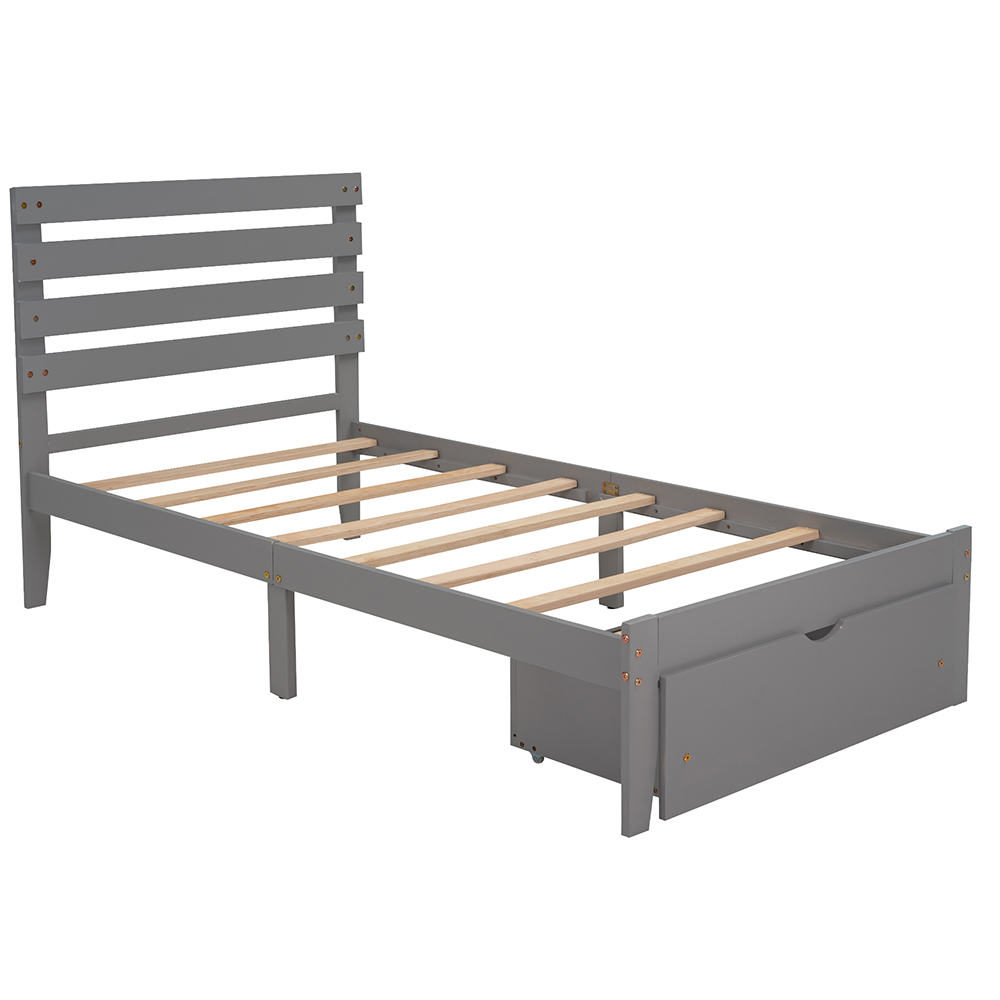 Twin Size Wooden Platform Bed Frame with 2 Storage Drawers - Gray