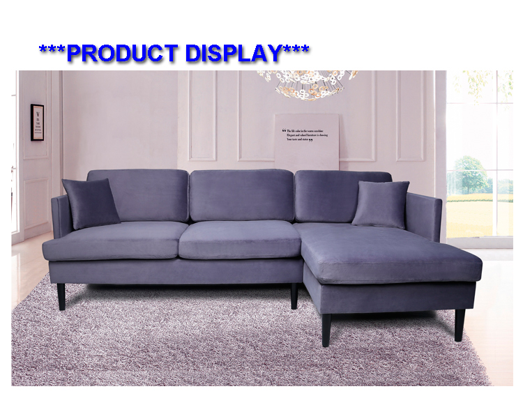 2-seat Velvet Upholstered Sofa Combination, with Chaise and Solid Wood Feet, for Living Room, Bedroom, Office, Apartment - Grey