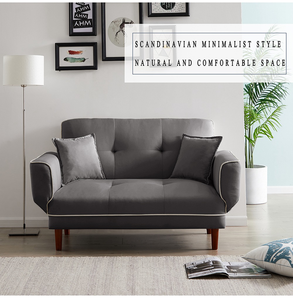 Twin Size Linen Upholstered Sofa Bed with 2 Pillows and Adjustable Armrests for Living Room, Bedroom, Office, Apartment - Grey