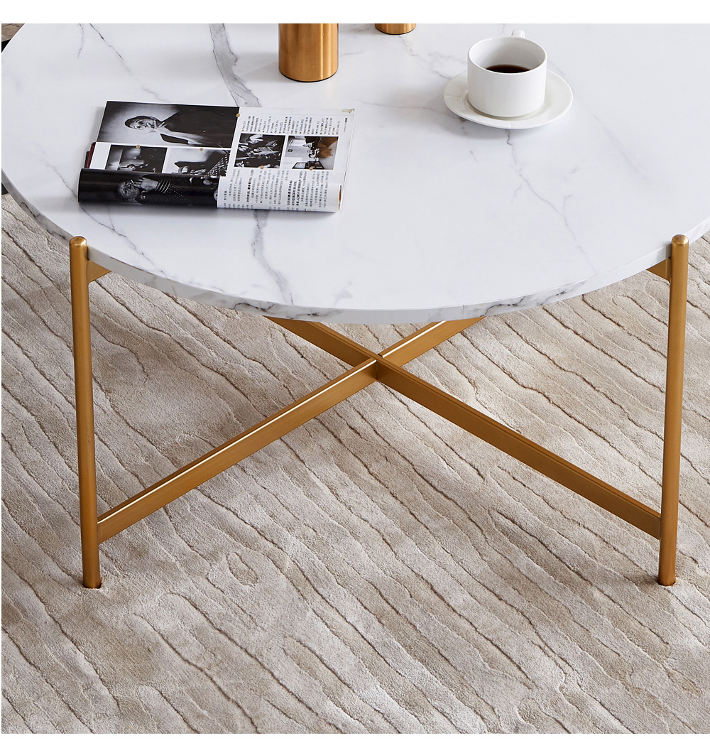36" Modern Round Coffee Table with Imitation Marble Wooden Tabletop and Metal Frame for Living Room, Office, Apartment, Restaurant - Gold