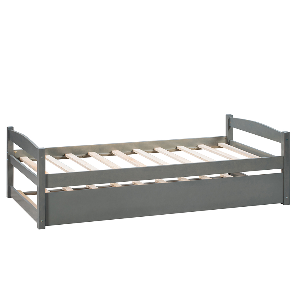 Twin-Size Wooden Platform Bed Frame with Trundle Bed, Suitable for Small Space Apartment, Room - Gray