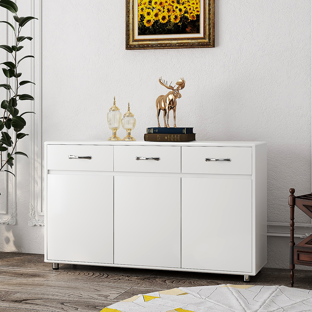 MDF Waterproof Storage Cabinet Height Adjustable with 3 Drawers and 3 Doors, for Home, Office, Dining Room, Bedroom - White