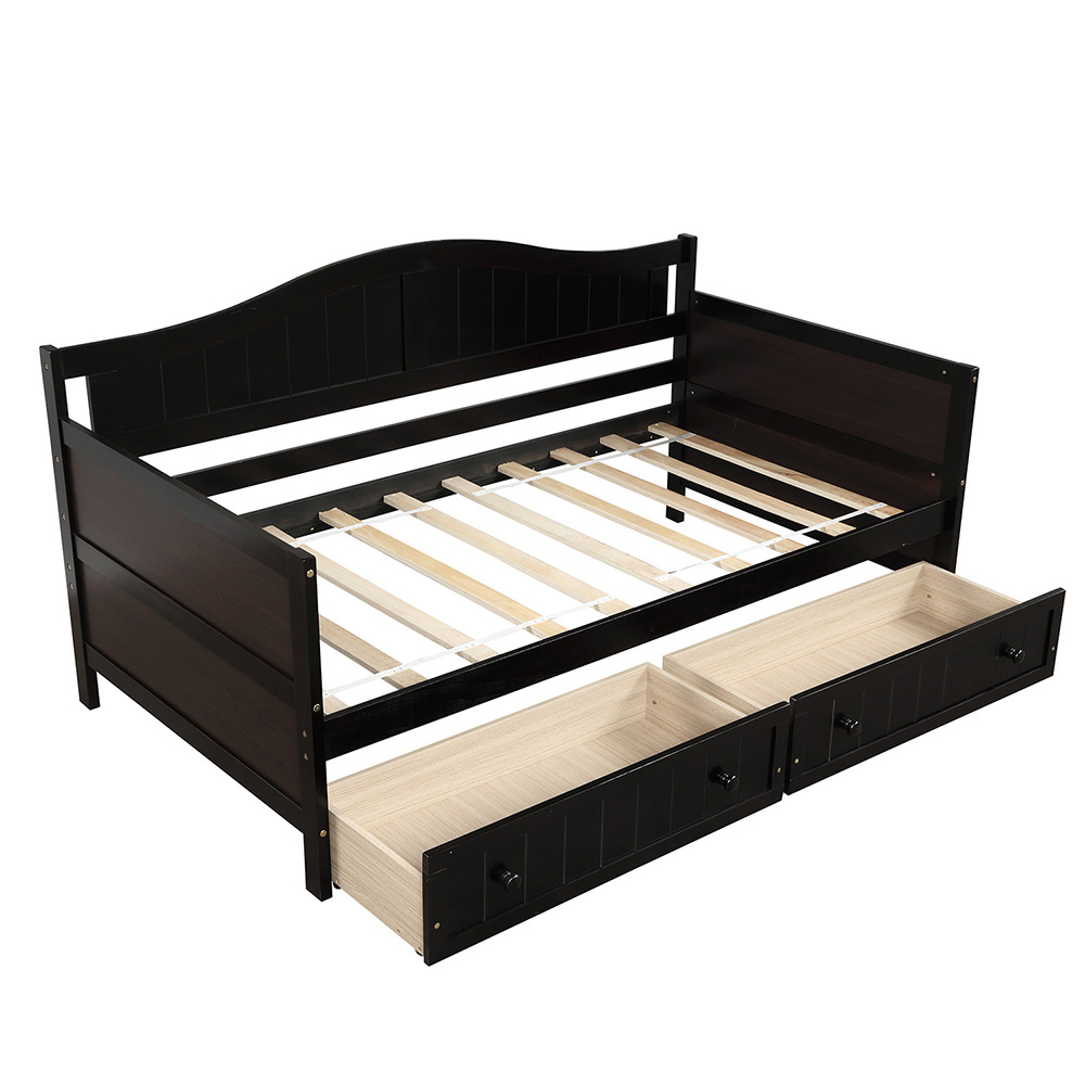 Twin-Size Wooden Platform Daybed Frame with 2 Storage Drawers and Wooden Slats Support - Espresso