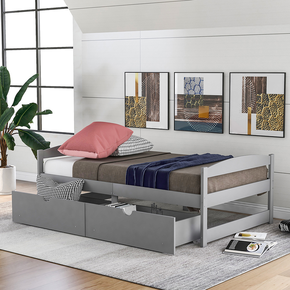 Twin Size Wooden Platform Bed Frame with 2 Storage Drawers, and Wooden Slats Support, No Spring Box Required - Gray