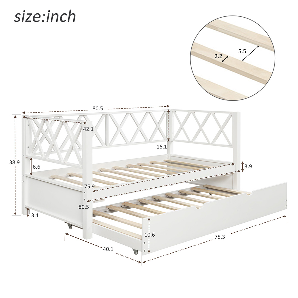 Twin Size Wooden Daybed Frame with Trundle Bed and X-Shaped Backrest, No Need for Spring Box, for Living Room, Bedroom, Office, Apartment - White
