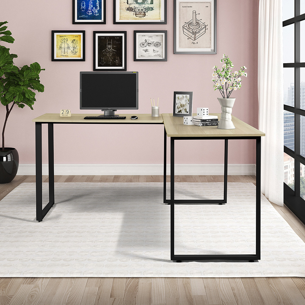 Home Office L-Shape Corner Wooden Computer Desk with Metal Frame - Black