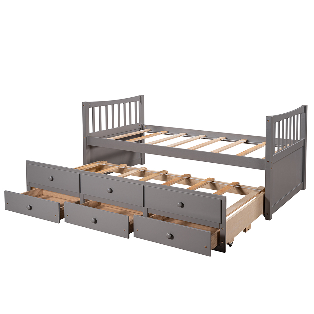 Twin Size Wooden Daybed Frame with Trundle Bed and 3 Storage Drawers, No Need for Spring Box, for Living Room, Bedroom, Office, Apartment - Gray