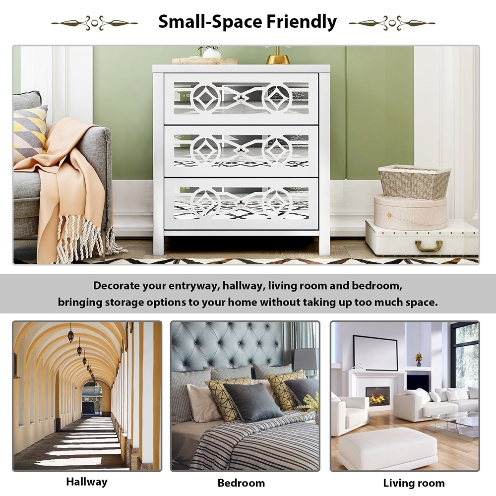 TREXM 26" Wooden Storage Cabinet with 3 Drawers and Decorative Mirror, for Entrance, Hallway, Dining Room, Kitchen - White