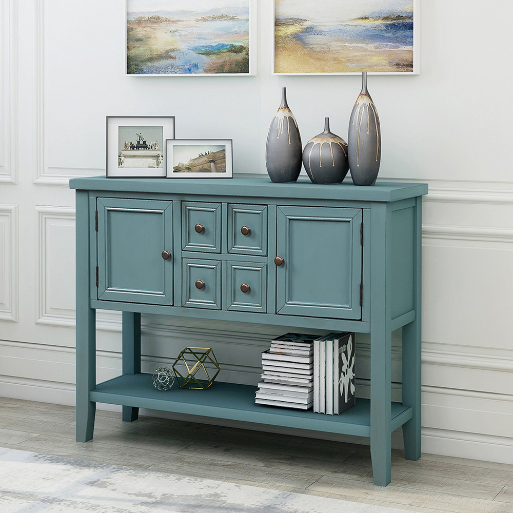TREXM 46'' Console Table with 4 Storage Drawers, 2 Cabinets and Bottom Shelf, for Entrance, Hallway, Dining Room, Kitchen - Dark Blue