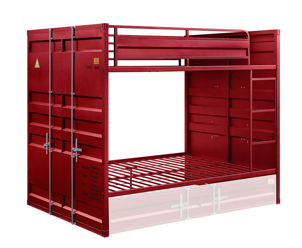ACME Full-Over-Full Size Container Style Bunk Bed Frame with Ladder, and Metal Slats Support, No Spring Box Required (Frame Only) - Red
