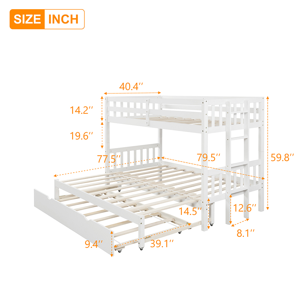 Twin-Over-Twin/King Size Bunk Bed Frame with Trundle Bed, and Wooden Slats Support, No Spring Box Required (Frame Only) - White