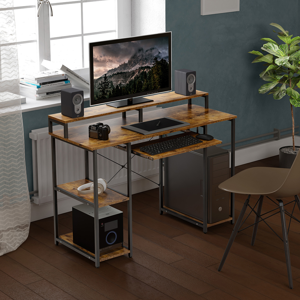Home Office Computer Desk with Storage Shelves, MDF  Tabletop, and Metal Frame - Brown