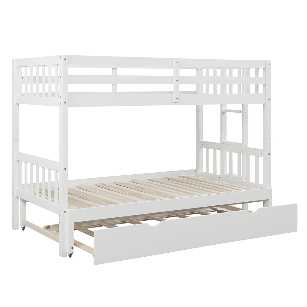 Twin-Over-Twin/King Size Bunk Bed Frame with Trundle Bed, and Wooden Slats Support, No Spring Box Required (Frame Only) - White