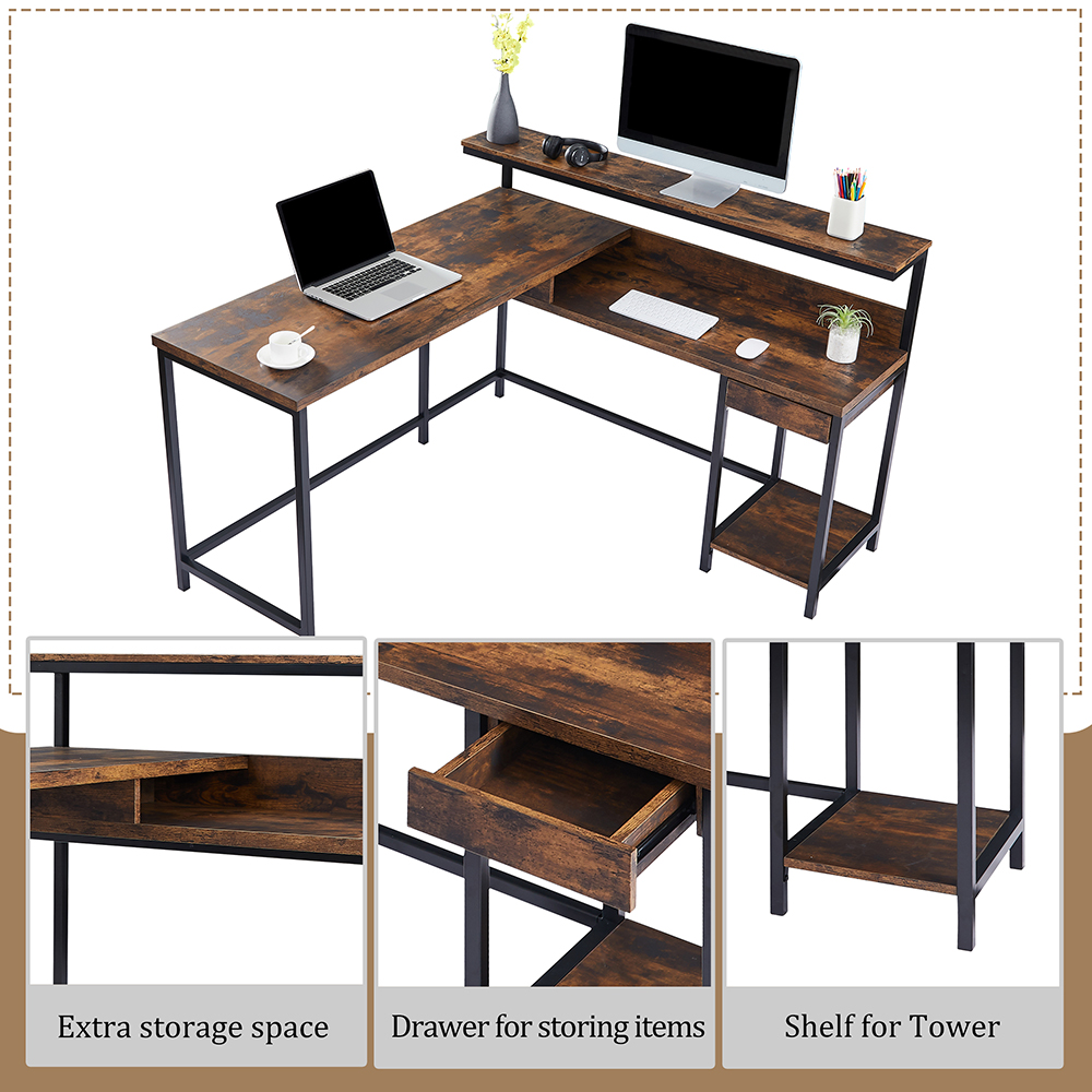 Home Office L-Shaped Computer Desk with Monitor Shelf, CPU Stand, MDF Tabletop, and Metal Frame - Tiger