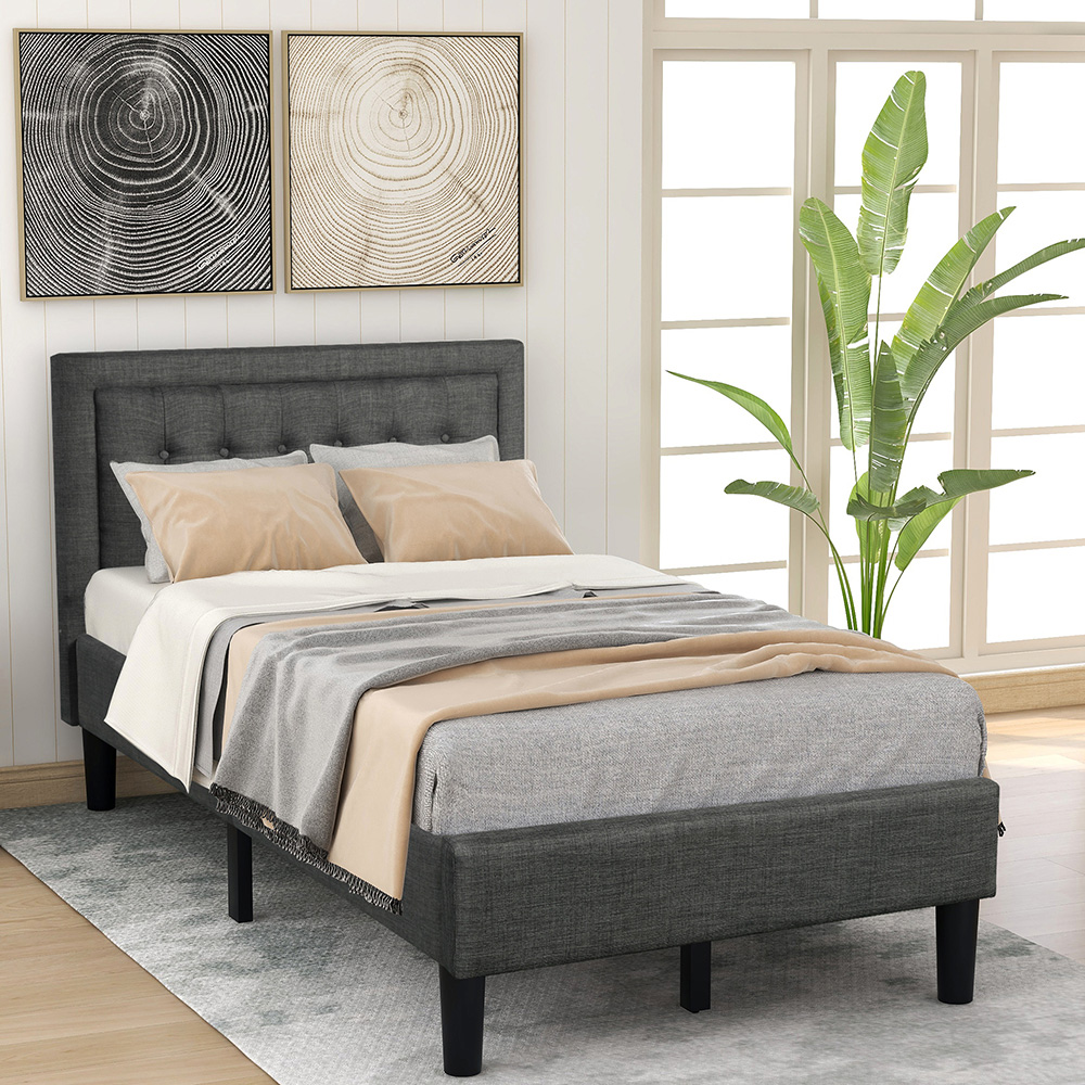 Twin Size Upholstered Platform Bed Frame with Headboard, and Wooden Slats Support, No Spring Box Required (Frame Only) - Gray