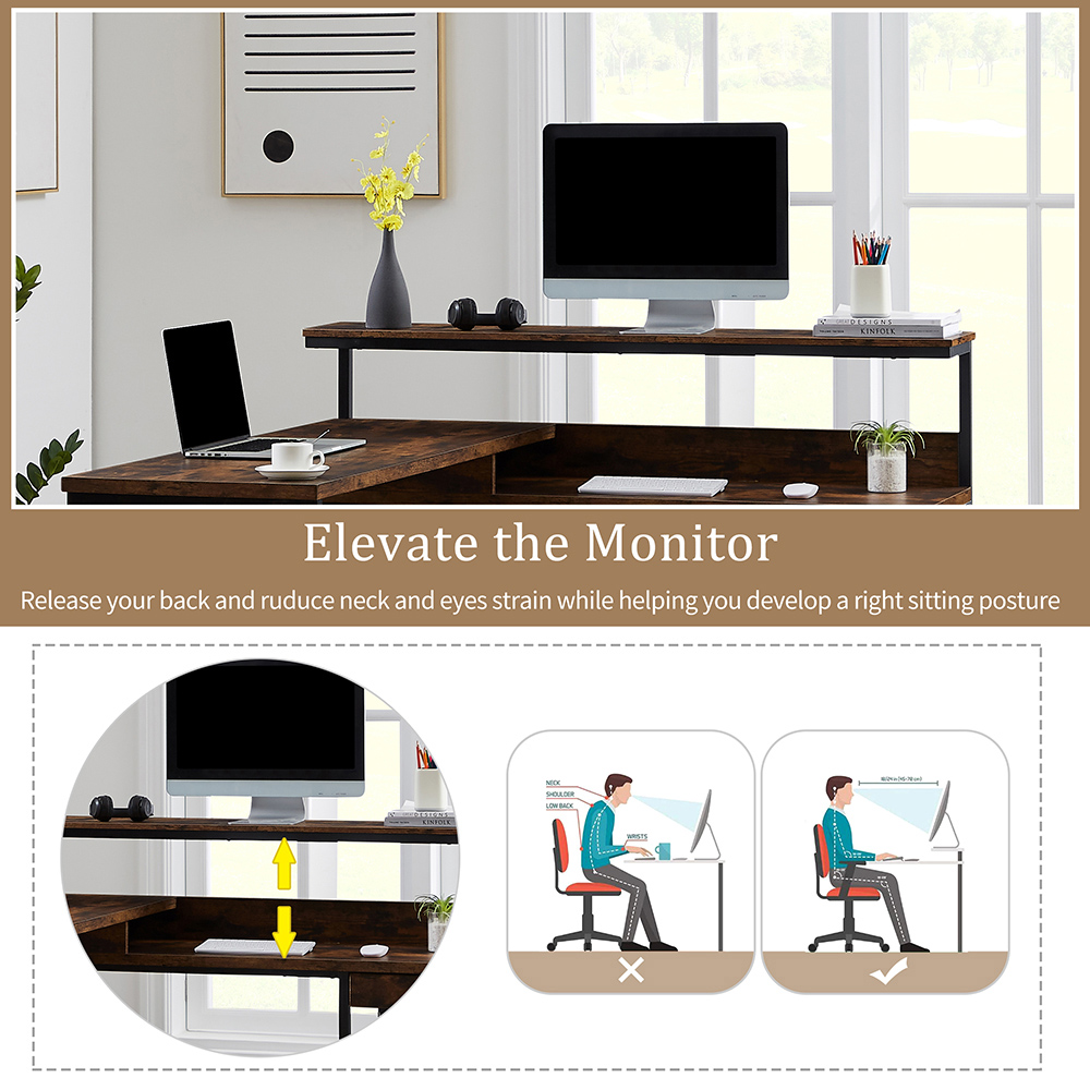 Home Office L-Shaped Computer Desk with Monitor Shelf, CPU Stand, MDF Tabletop, and Metal Frame - Tiger