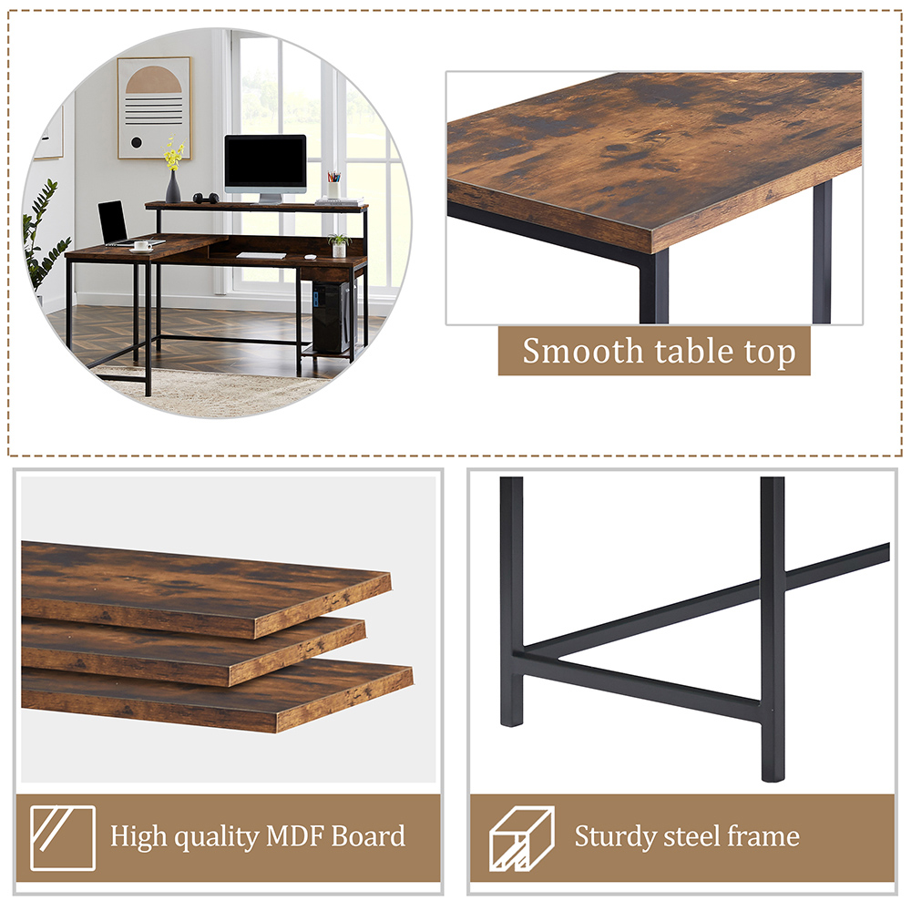 Home Office L-Shaped Computer Desk with Monitor Shelf, CPU Stand, MDF Tabletop, and Metal Frame - Tiger