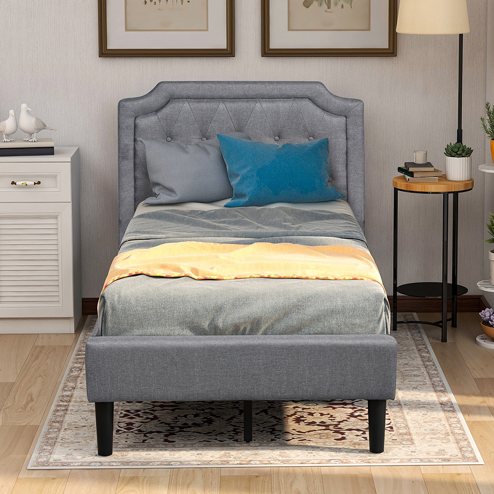 Twin Size Linen Upholstered Platform Bed Frame With Headboard, And Wooden Slats Support, No Spring Box Required (Frame Only) - Gray 7 Twin Size Linen Upholstered Platform Bed Frame with Headboard, and Wooden Slats Support, No Spring Box Required (Frame Only) - Gray