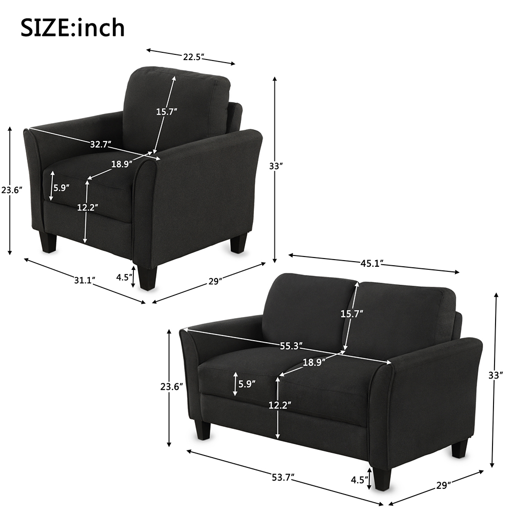 1+2-Seat Linen Upholstered Sofa with Wooden Frame, for Living Room, Bedroom, Office, Apartment - Black