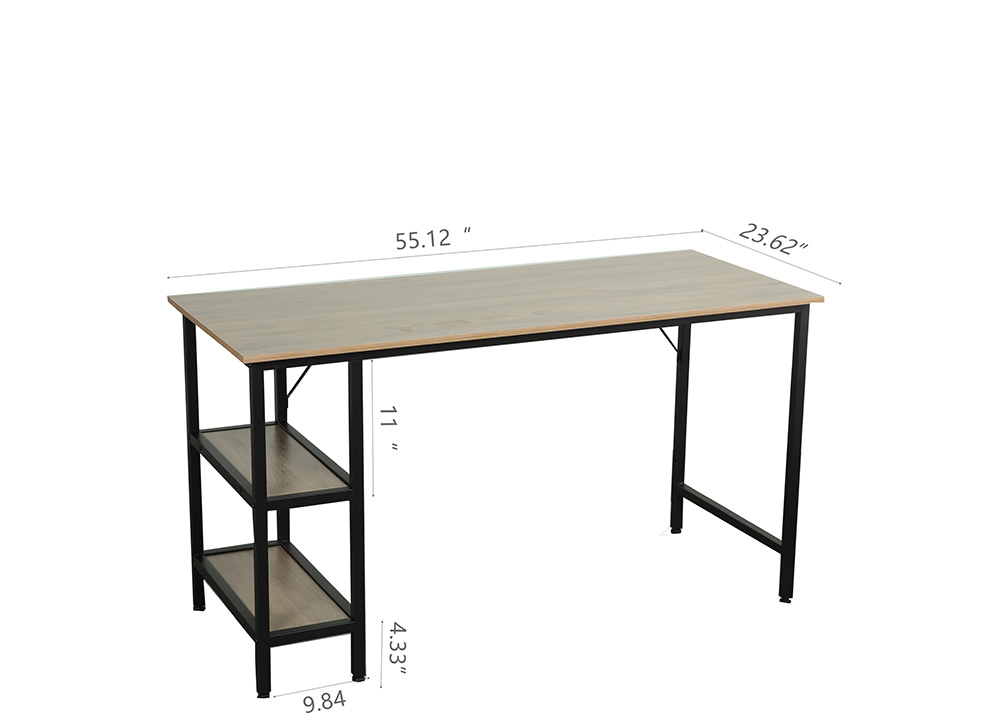 55" Home Office Computer Desk with Open Storage Shelves, Wooden Tabletop and Metal Frame - Gray