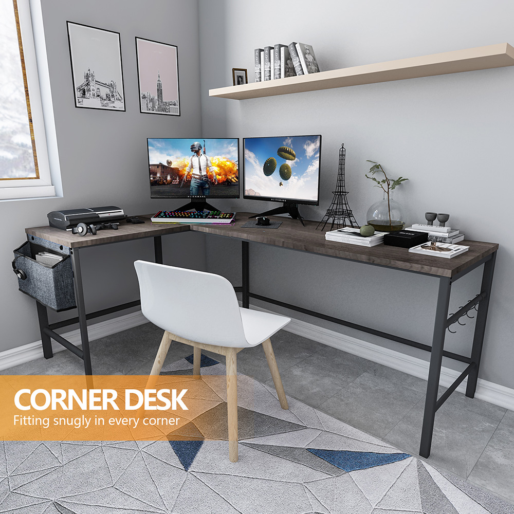 Home Office L-Shaped Computer Desk with Storage Bag, Wooden Tabletop and Metal Frame - Gray